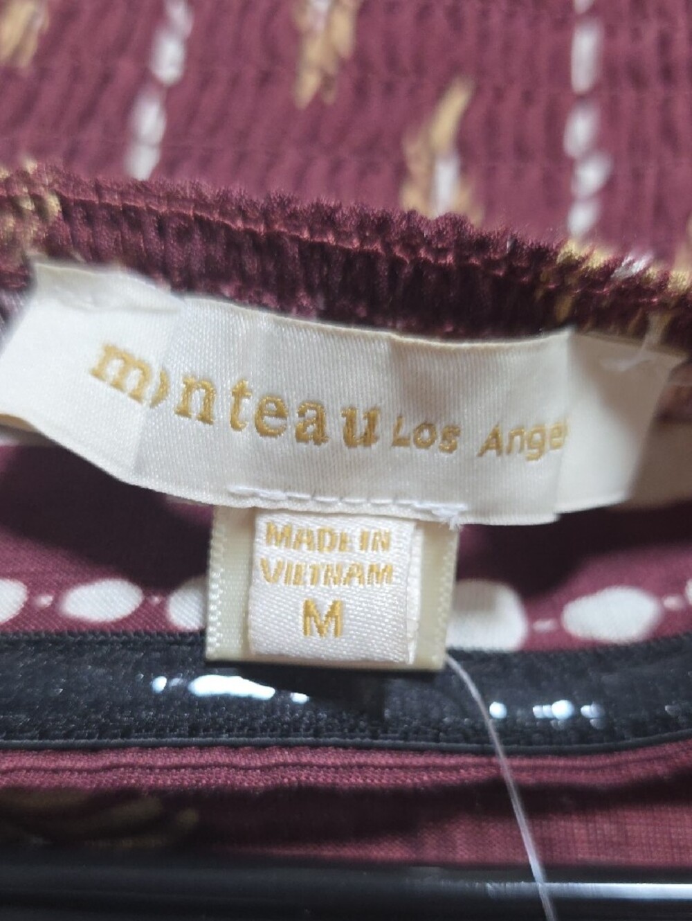 Monteau Strapless Midi Dress in Burgundy with Gold Palm Print - Picture 7 of 7